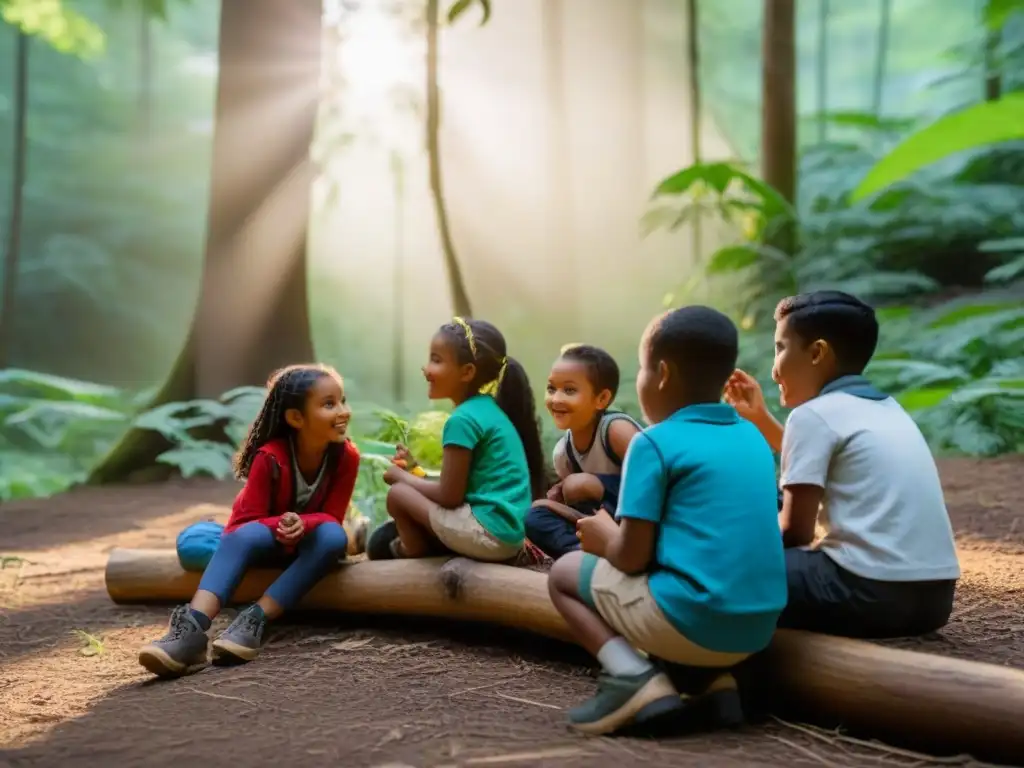 Grupo diverso de niños disfrutando de actividades de aprendizaje sostenible al aire libre en un aula natural en el bosque