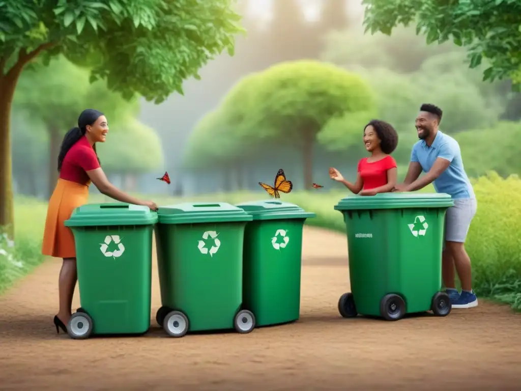 Un grupo diverso de niños se unen en actividades de reciclaje en un parque verde