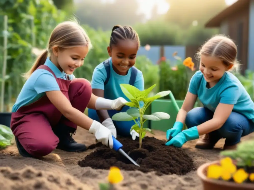 Un grupo diverso de niños plantando árboles en un jardín comunitario, promoviendo el estilo de vida Zero Waste para niños