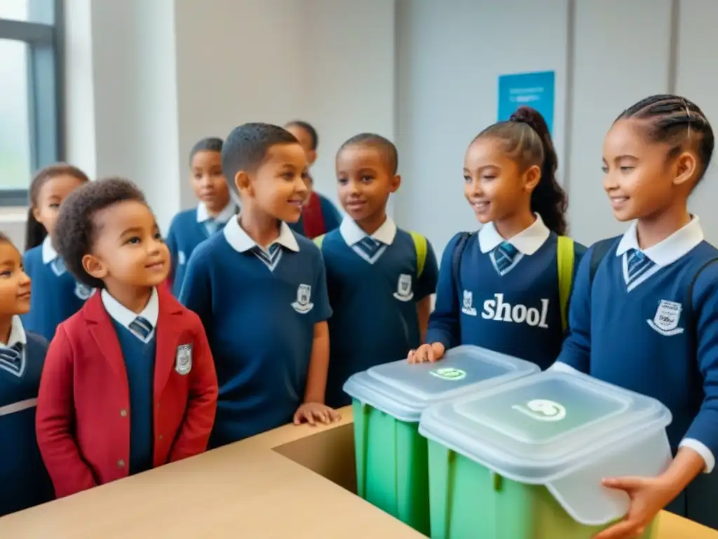 Un grupo diverso de niños en clase, aprendiendo sobre reciclaje con entusiasmo