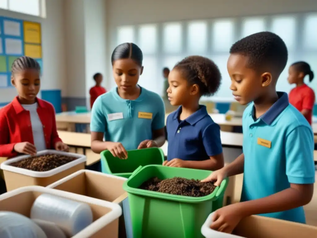 Grupo diverso de niños en clase, aprendiendo sobre reciclaje y compostaje