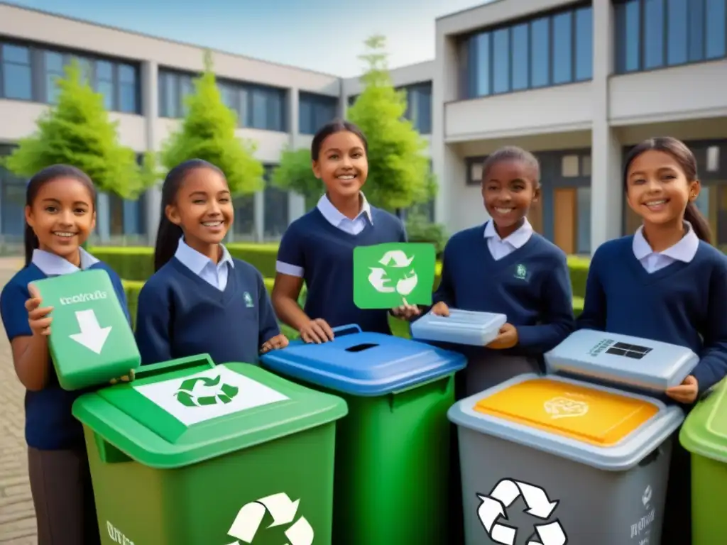 Grupo diverso de niños escolares reciclando con entusiasmo en la escuela, resaltando beneficios de educación ambiental