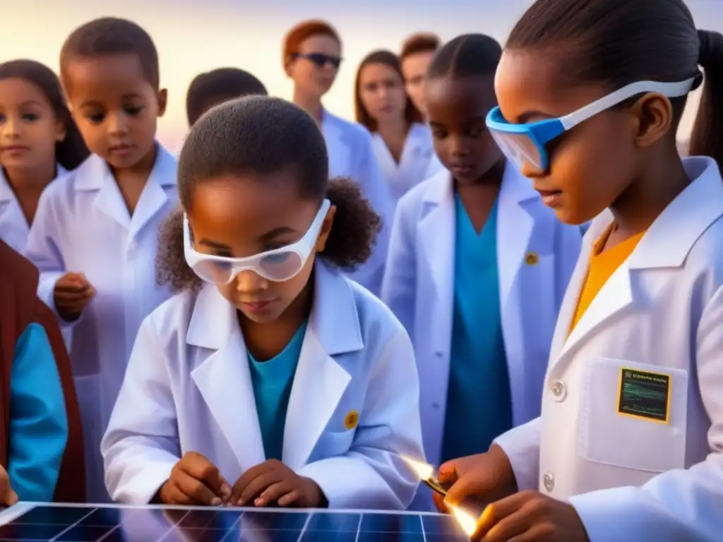 Grupo diverso de niños en experimento solar con expresiones de asombro y alegría