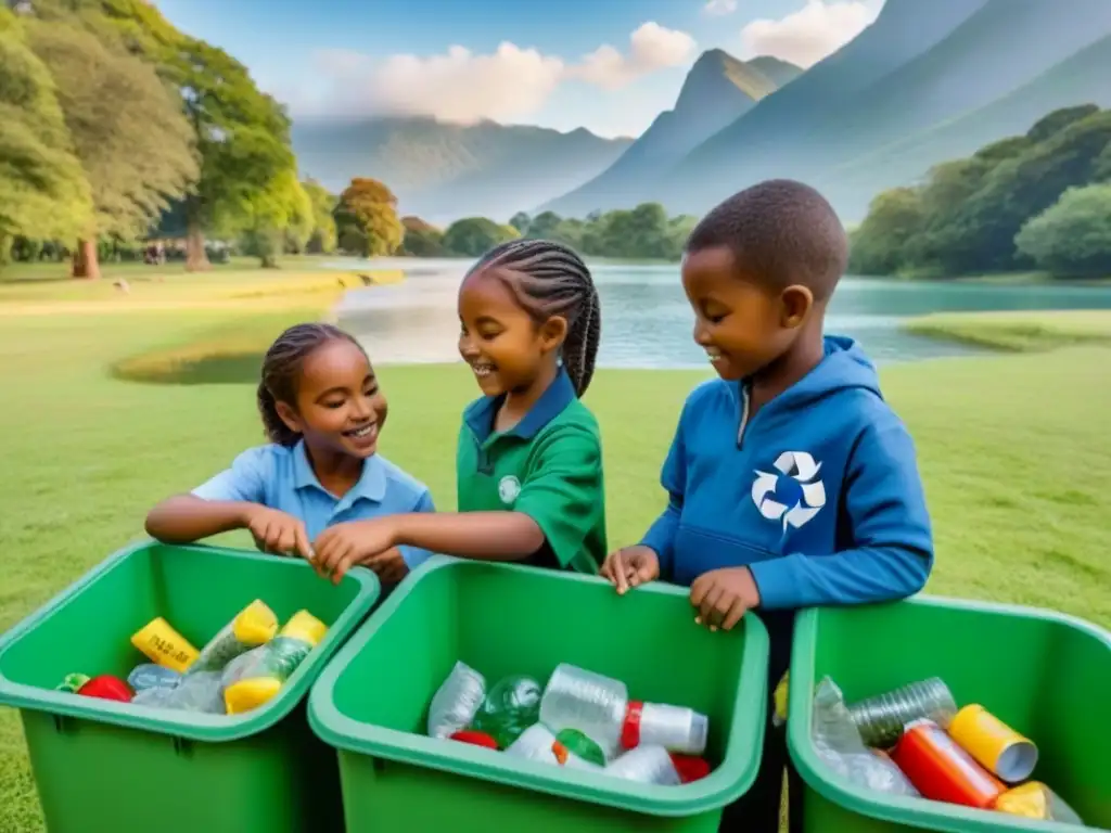 Grupo diverso de niños felices reciclando en el parque, resaltando la importancia del medio ambiente y la colaboración