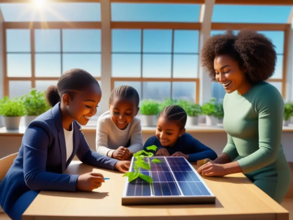 Grupo diverso de niños felices aprendiendo y jugando en un aula solar con juguetes solares y libros sobre energía renovable