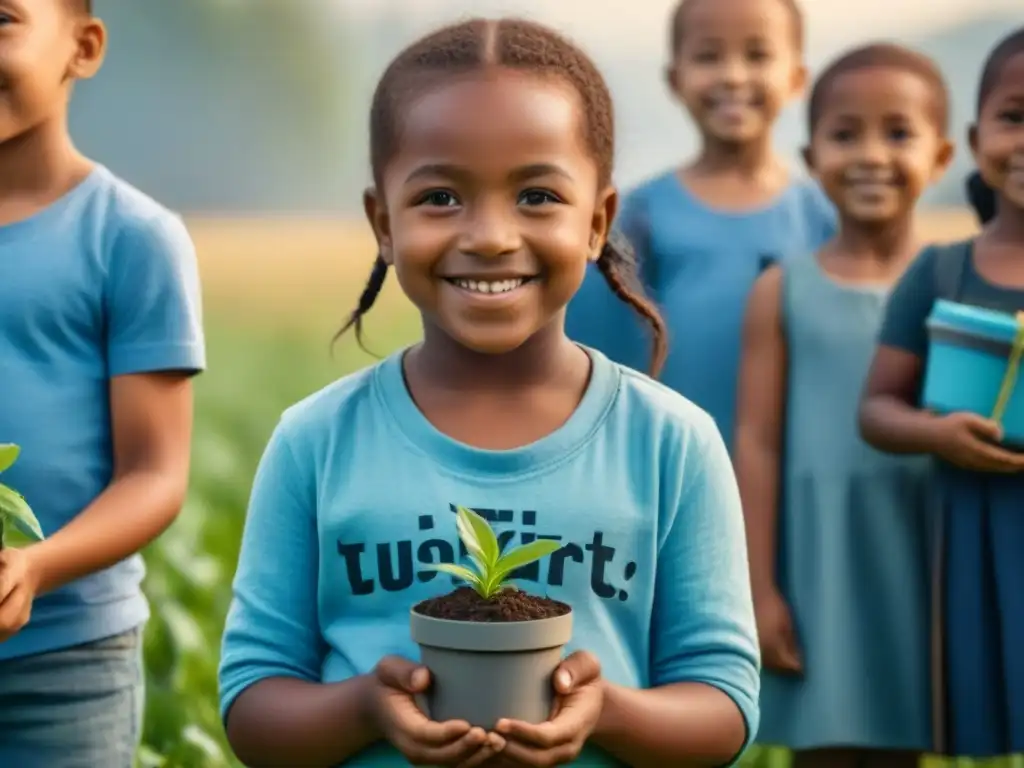 Grupo diverso de niños felices en campo verde, sosteniendo plantas y rodeados de reciclables