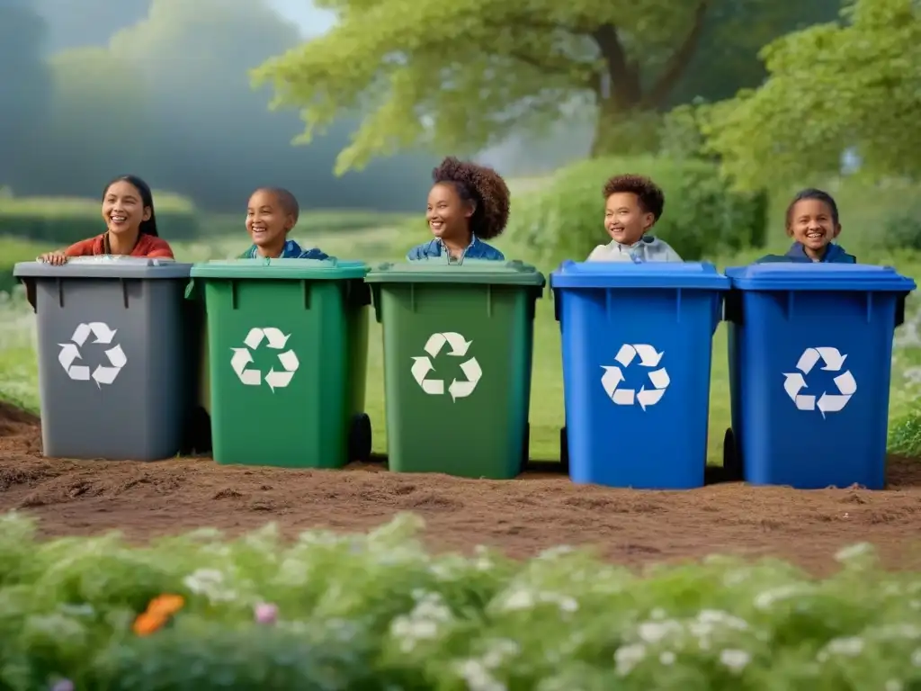 Un grupo diverso de niños felices trabajando juntos en un parque verde, clasificando materiales reciclables en contenedores con símbolos de reciclaje