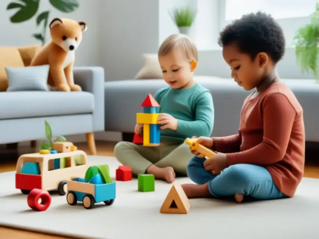 Un grupo diverso de niños juega feliz con juguetes ecológicos en una habitación luminosa y natural