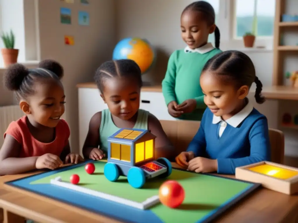 Un grupo diverso de niños juega feliz con juguetes solares en un ambiente educativo y vibrante