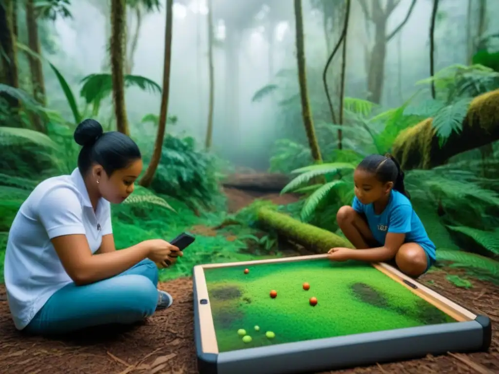 Un grupo diverso de niños disfruta de juegos educativos para enseñar medio ambiente en la selva, mostrando entusiasmo y concentración