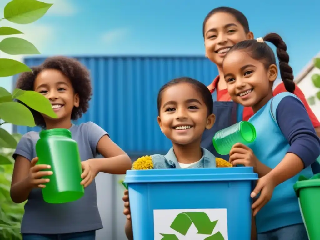 Un grupo diverso de niños recicla juntos con una mentalidad zero waste para un futuro sostenible