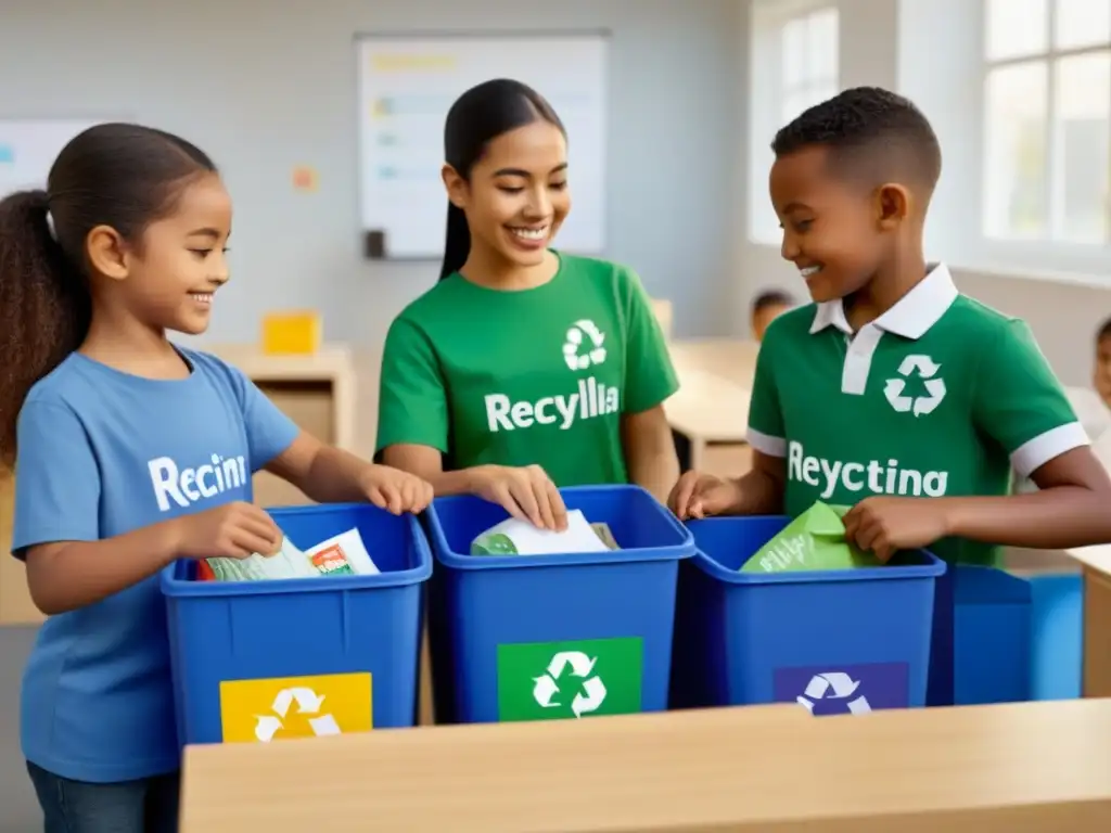 Un grupo diverso de niños trabaja juntos en un aula moderna, clasificando reciclables