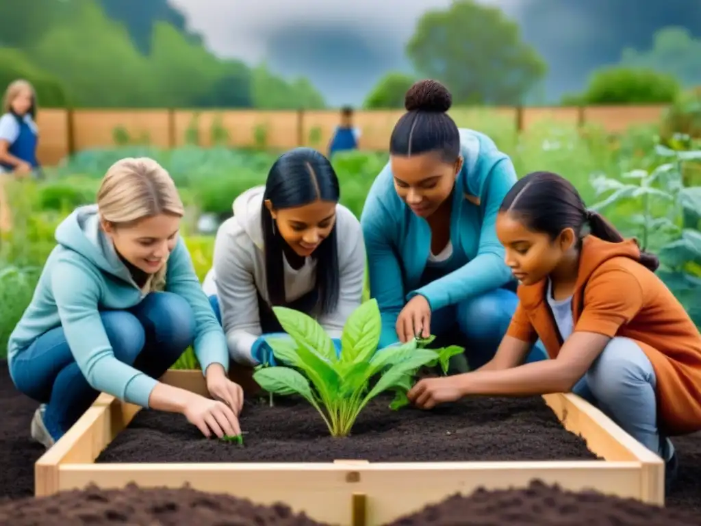 Un grupo diverso de niños trabaja juntos en un jardín escolar, aprendiendo sobre biodiversidad y reciclaje en un ambiente armonioso
