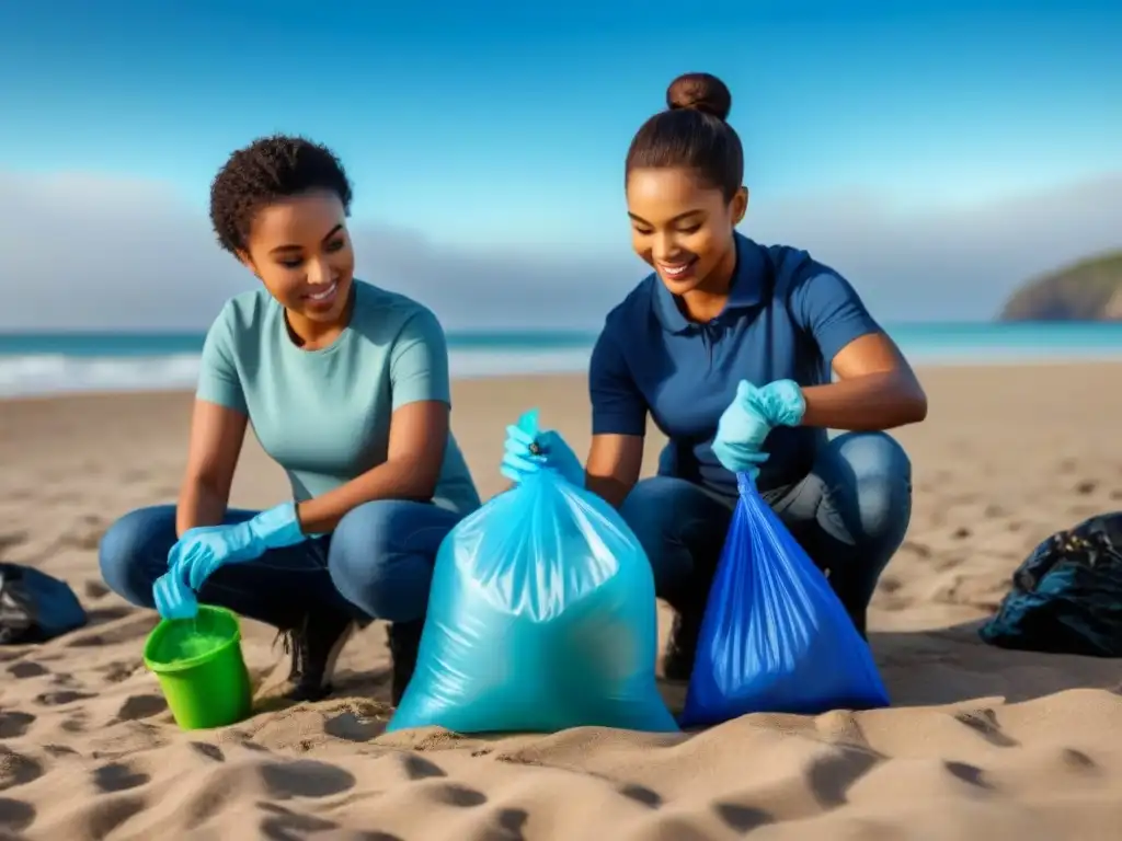 Un grupo diverso de niños limpia la playa juntos, protegiendo especies marinas y el medio ambiente