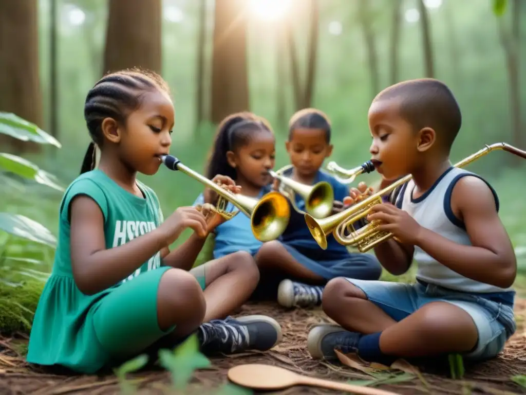 Un grupo diverso de niños crea música con instrumentos reciclados en el bosque, destacando la educación musical sostenible y la conciencia ecológica