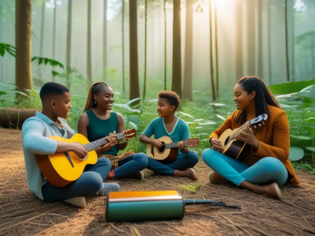 Un grupo diverso de niños crea música con instrumentos reciclados en un bosque verde