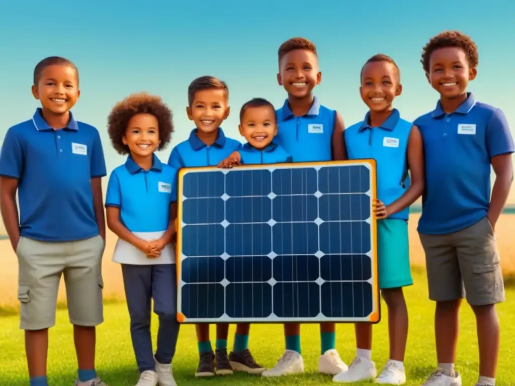 Un grupo diverso de niños sostiene paneles solares, sonriendo bajo el sol brillante y cielo azul