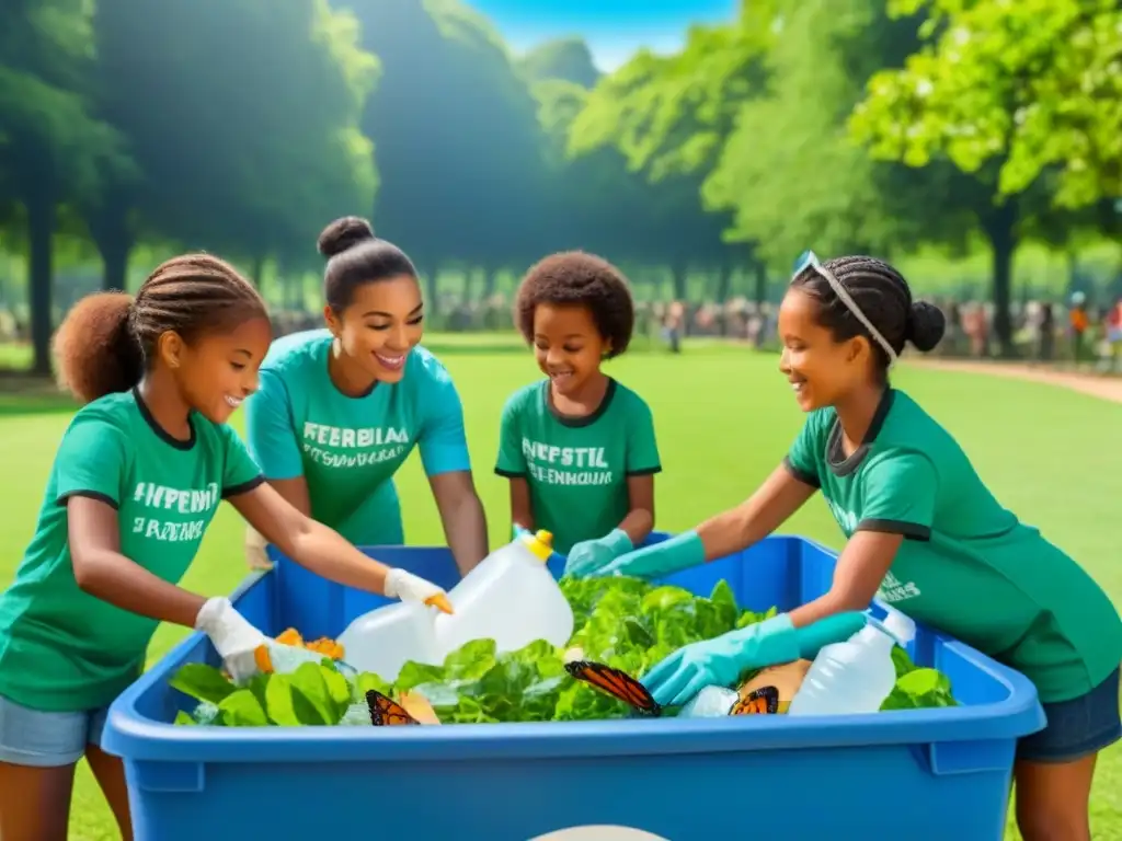 Grupo diverso de niños limpiando un parque juntos, clasificando reciclables