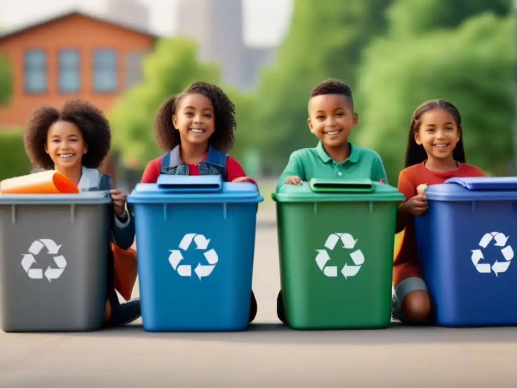 Un grupo diverso de niños participa alegremente en un programa educativo de reciclaje en la escuela, sosteniendo materiales reciclables