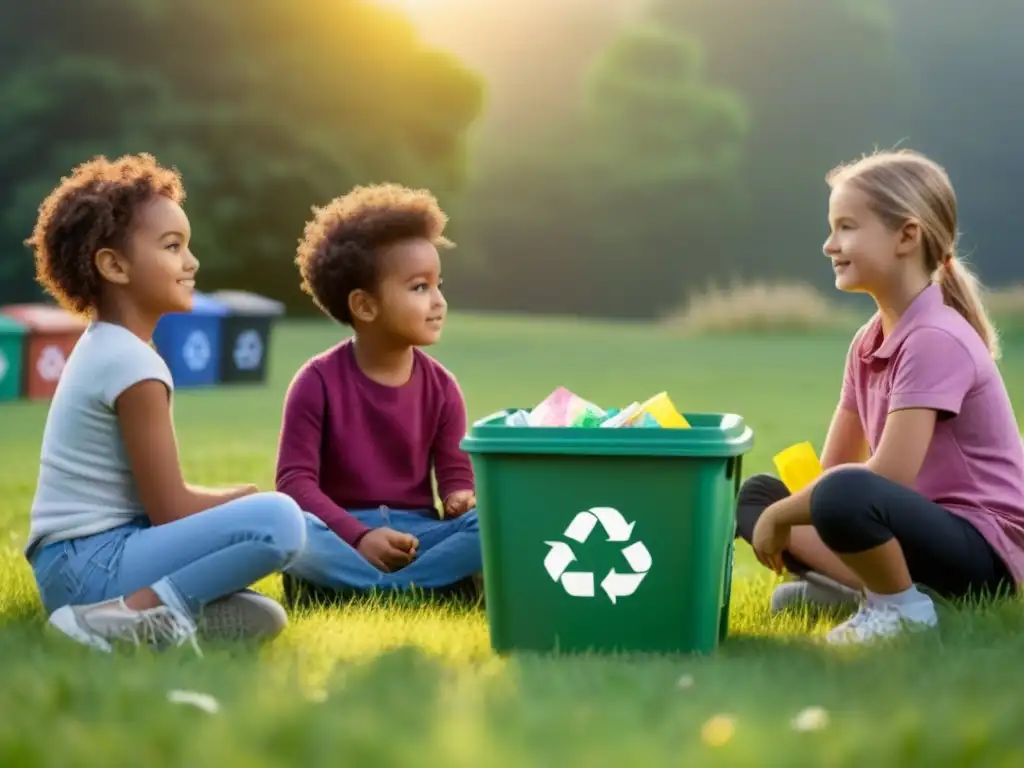 Grupo diverso de niños aprendiendo sobre reciclaje en un campo verde al atardecer