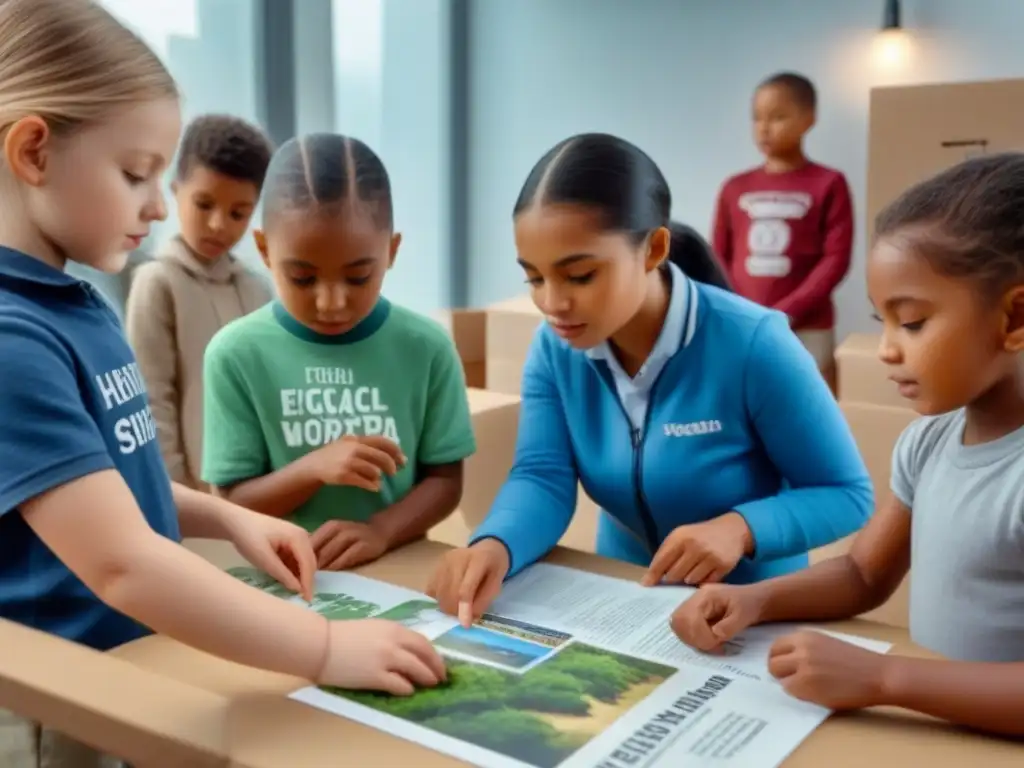 Grupo diverso de niños en taller ambiental, aprendiendo a proteger especies en un entorno moderno y educativo