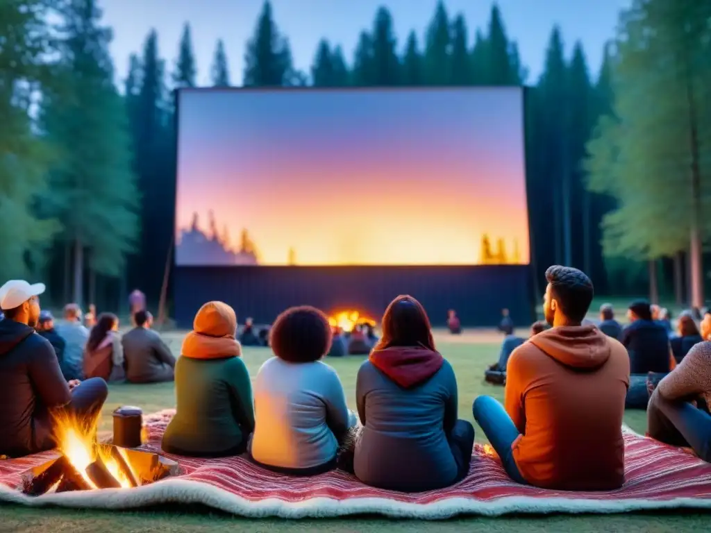 Un grupo diverso disfruta de una película al aire libre sostenible bajo las estrellas