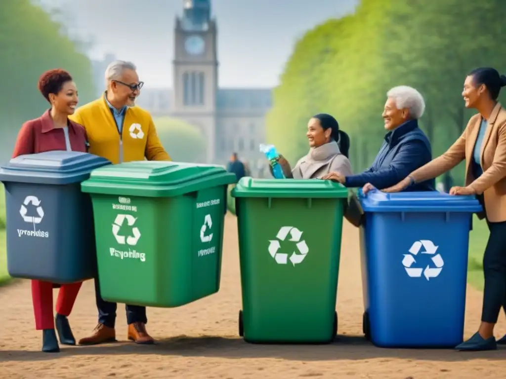 Un grupo diverso de personas participa activamente en actividades de reciclaje en un parque de la ciudad, mostrando conciencia ambiental y sostenible