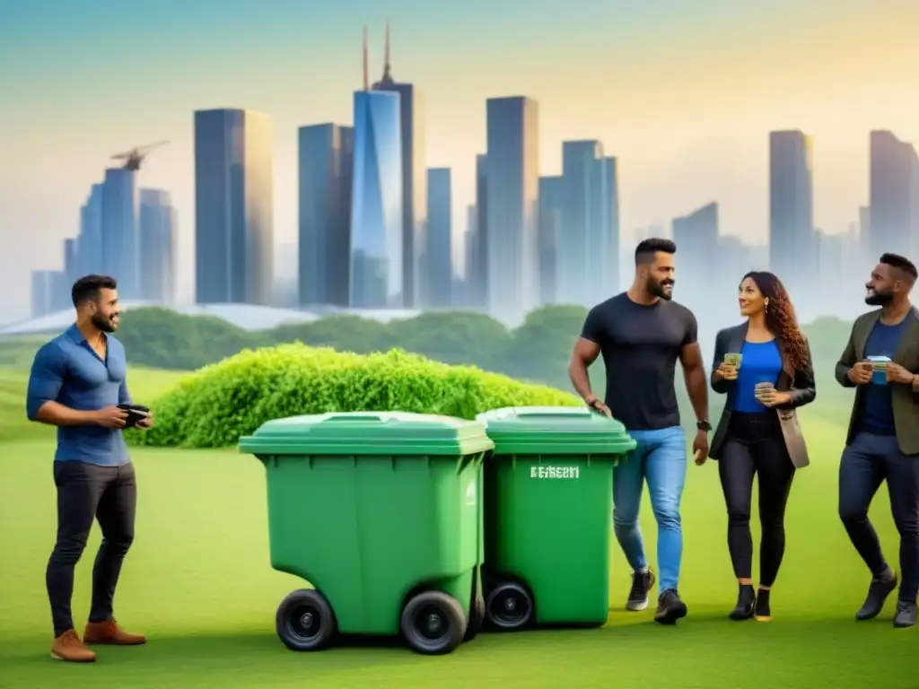 Un grupo diverso de personas realizando actividades ecoamigables en una ciudad sostenible, con la palabra clave 'Aplicaciones para vida zero waste'