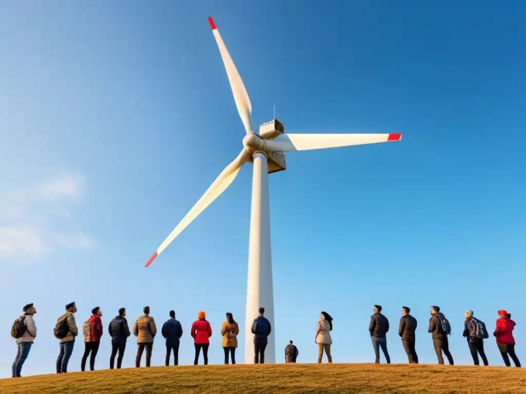 Un grupo diverso de personas mira un aerogenerador, simbolizando la unidad en Inversiones en energías renovables sostenibles