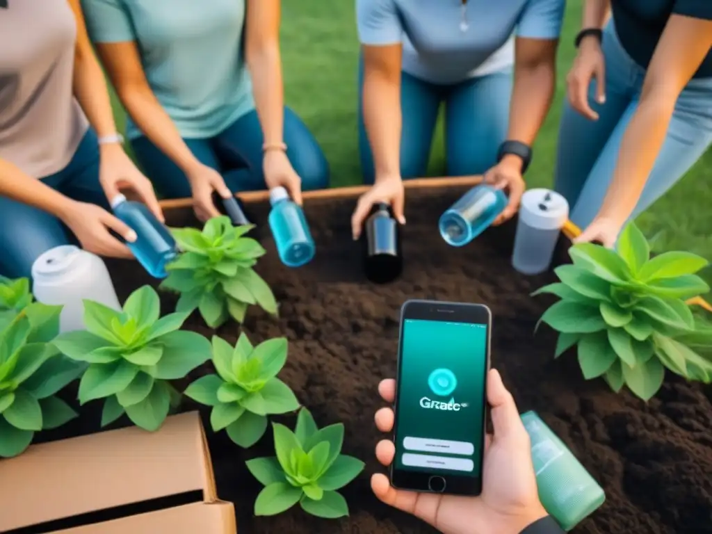 Un grupo diverso de personas usando aplicaciones para vida zero waste en sus smartphones, rodeados de elementos ecofriendly