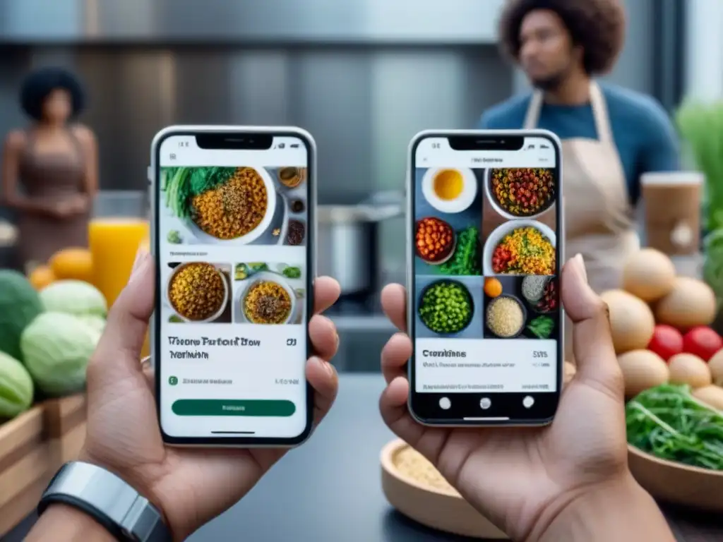 Un grupo diverso de personas usando aplicaciones para alimentación sostenible en sus smartphones en una cocina moderna