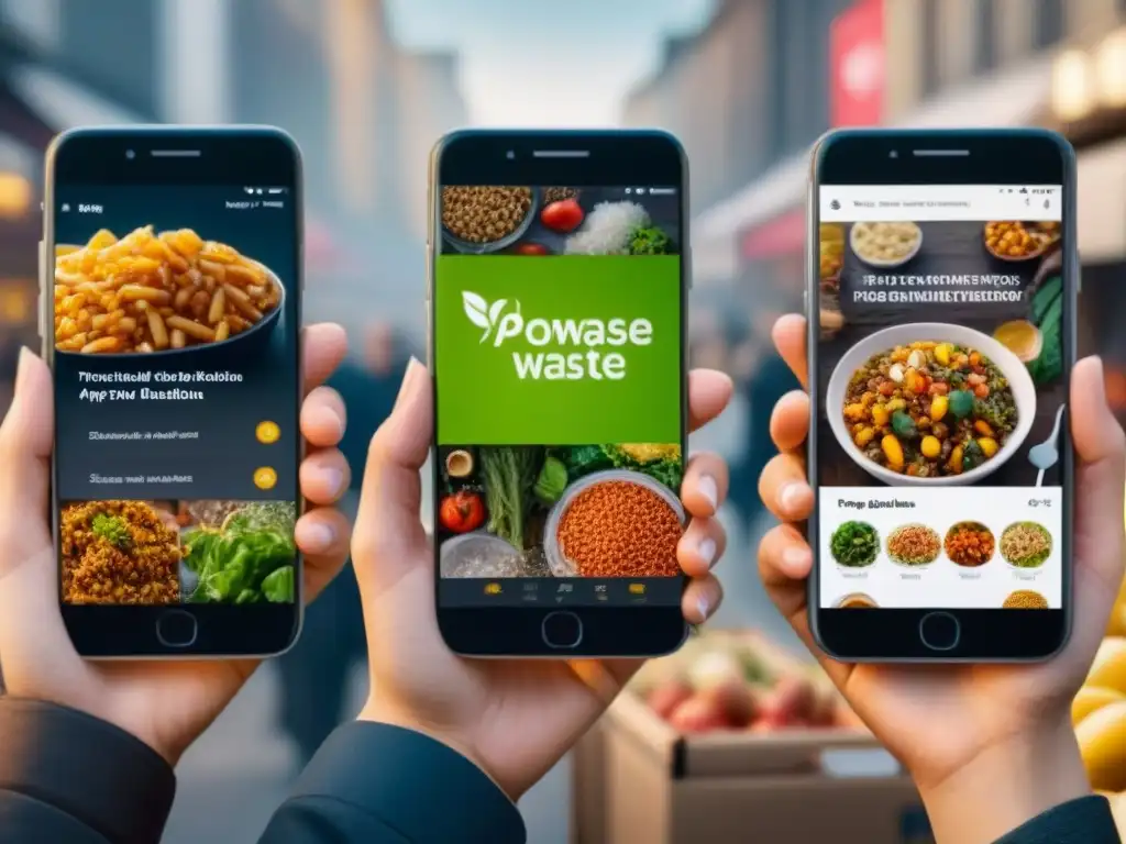 Un grupo diverso de personas utiliza apps para reducir desperdicio alimentario de forma sostenible