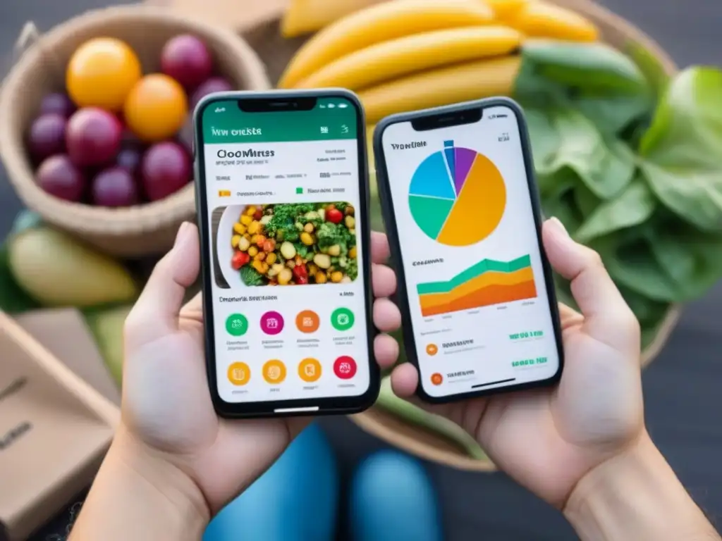 Un grupo diverso de personas utiliza apps sostenibles para reducir desperdicio de alimentos en sus smartphones