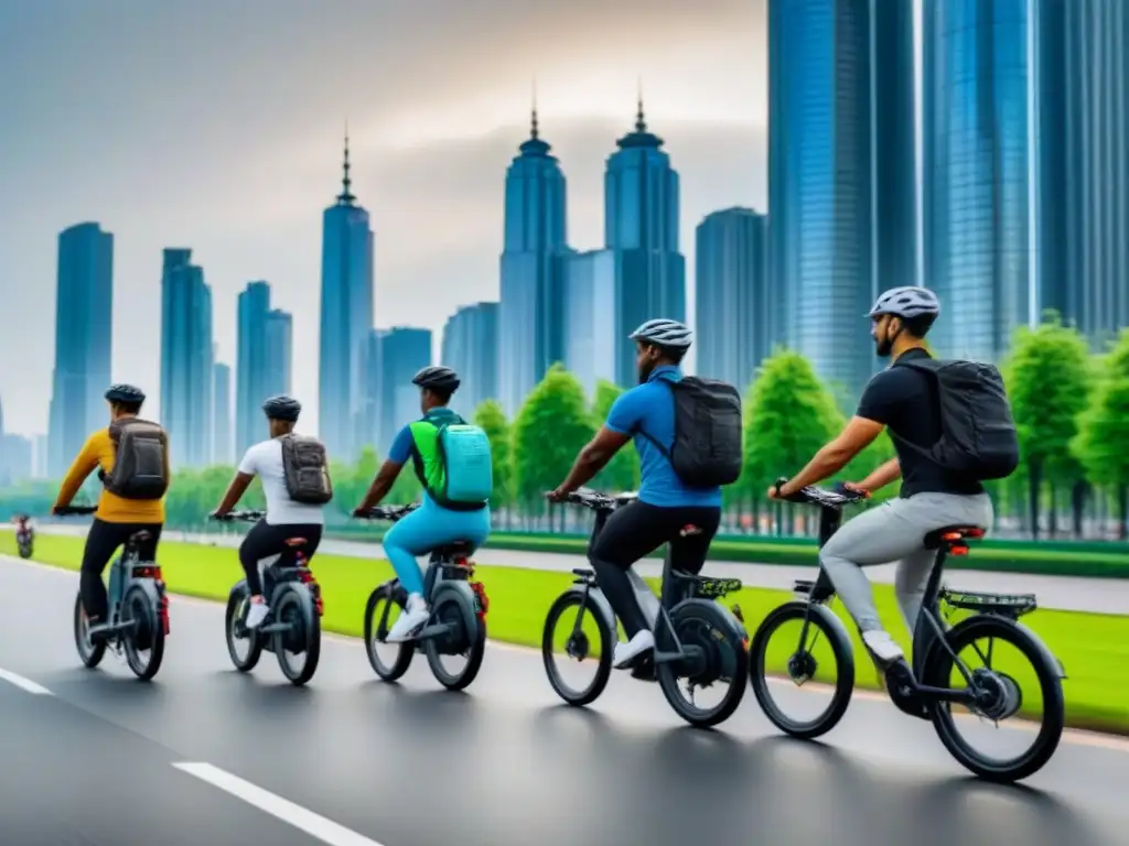 Un grupo diverso de personas en bicicletas eléctricas recorren la ciudad, destacando la inclusión social y la movilidad sostenible