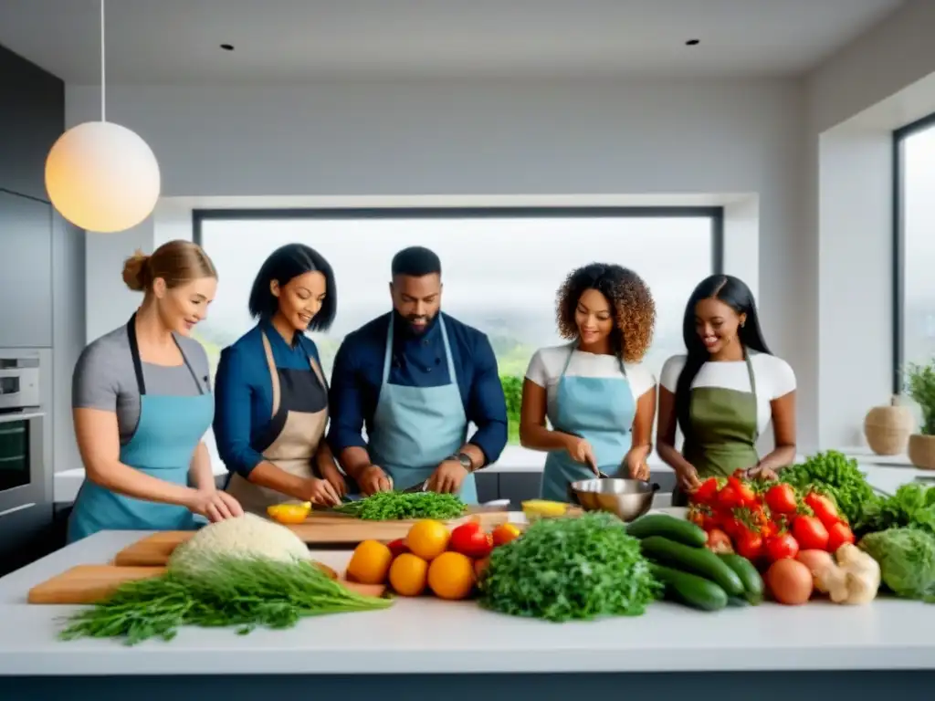 Un grupo diverso de personas cocina juntas en una cocina moderna y luminosa, rodeadas de alimentos frescos y utensilios de cocina