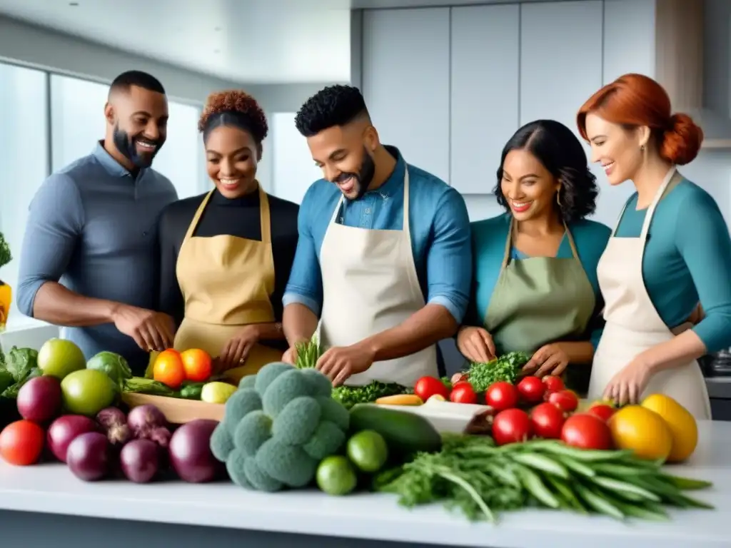 Un grupo diverso de personas cocina felizmente en una cocina moderna y bien equipada, llena de frutas y verduras rescatadas