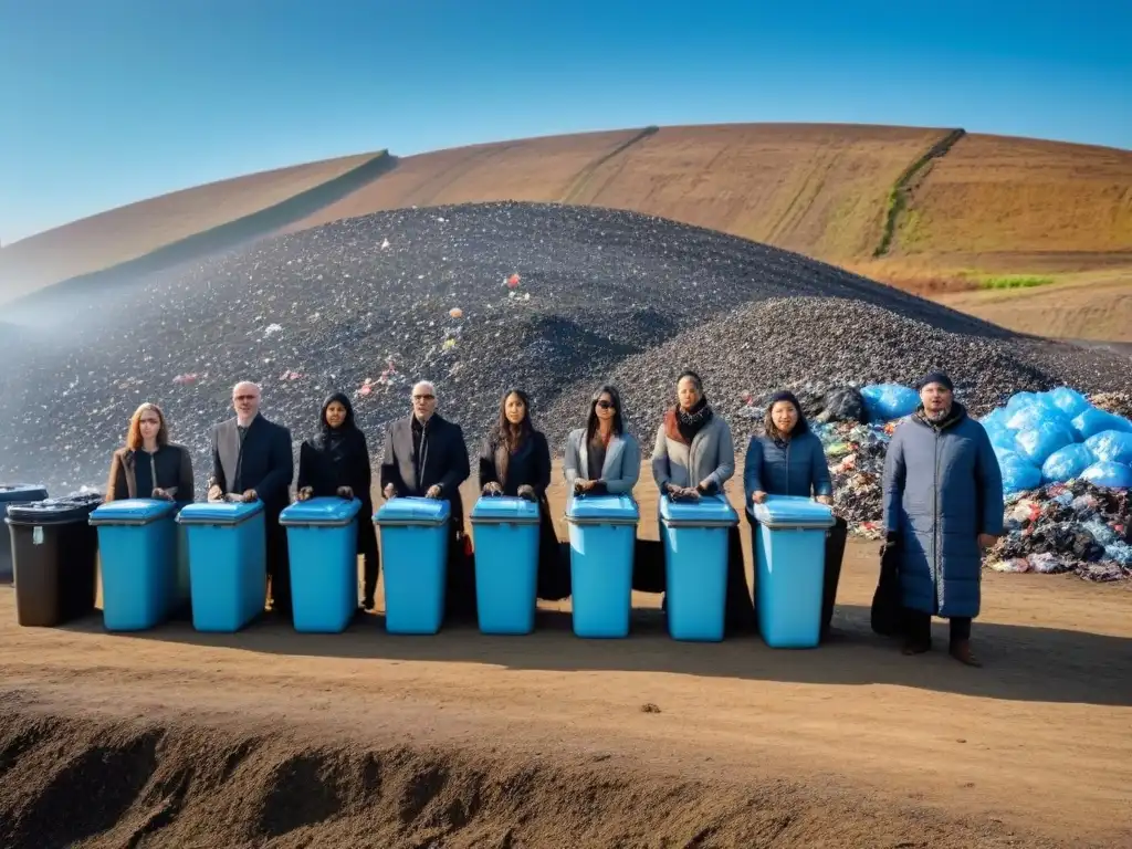 Un grupo diverso de personas sosteniendo contenedores reutilizables frente a un vertedero, en contraste con el cielo azul