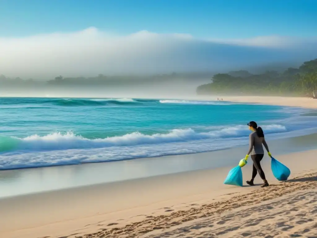 Un grupo diverso de personas de todas las edades y orígenes trabajando juntas para limpiar una playa prístina, bajo cielos azules y aguas cristalinas