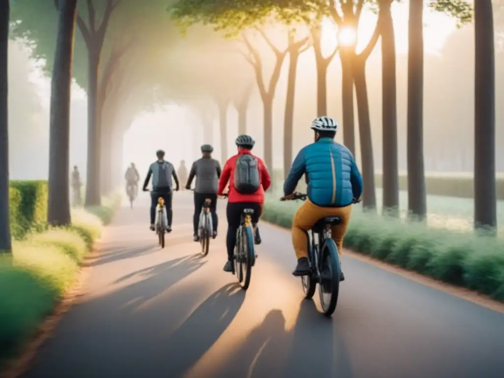 Un grupo diverso de personas de todas las edades y etnias montando felices en bicicletas eléctricas, en un sendero arbolado al atardecer, destacando la armonía y la inclusión social en la movilidad