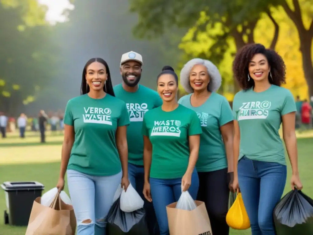 Grupo diverso de personas en evento de limpieza comunitaria, unidos como héroes zero waste en parque colorido