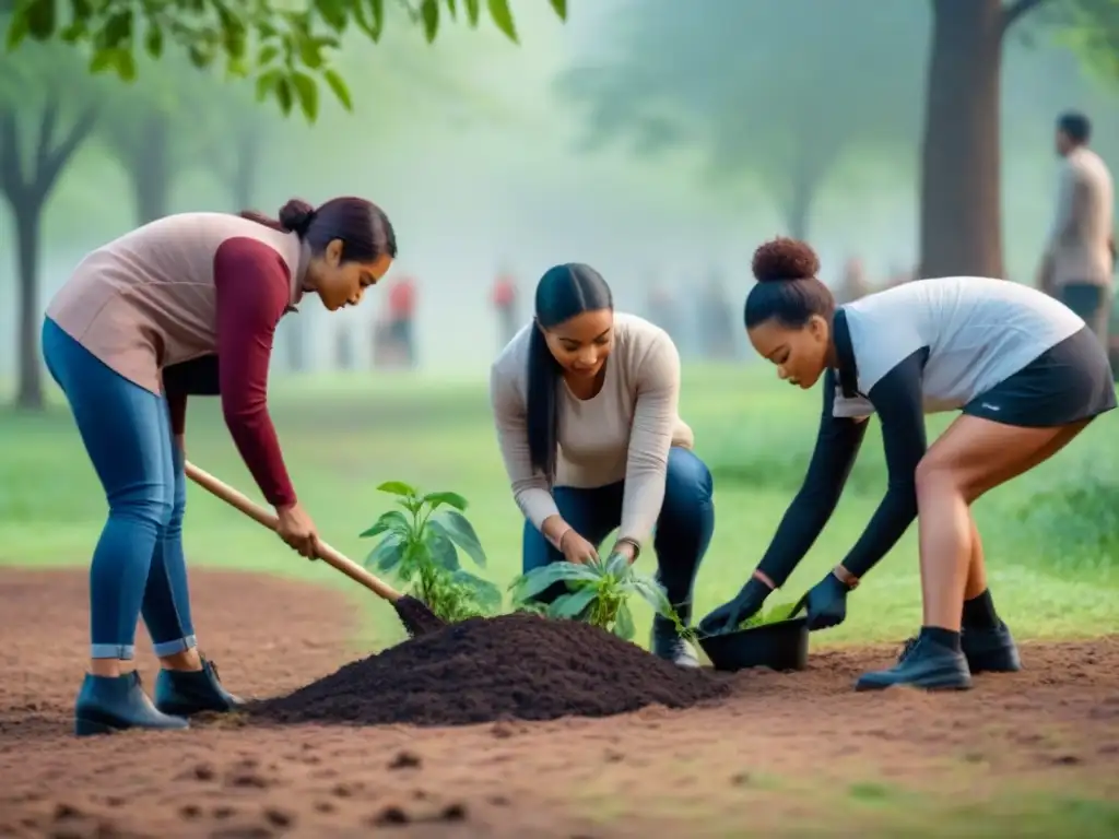 Un grupo diverso de personas participa en eventos ecológicos locales principiantes, plantando árboles y recogiendo basura en un parque verde