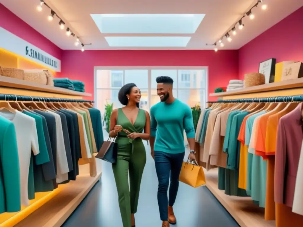 Un grupo diverso de personas felices comprando en una tienda de moda sostenible, rodeados de prendas ecofriendly