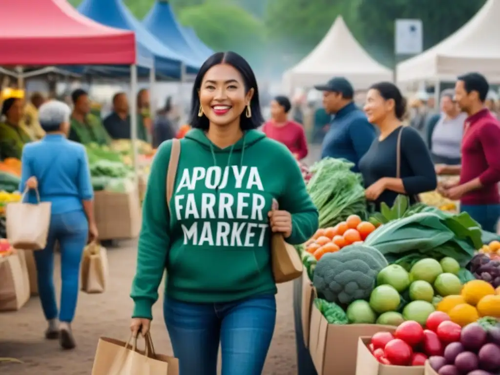 Un grupo diverso de personas felices comprando en un mercado local, sosteniendo bolsas reutilizables llenas de frutas y verduras frescas