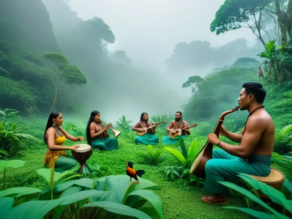 Armonía de la naturaleza y música indígena en la selva Un grupo diverso de personas indígenas toca instrumentos musicales tradicionales en la selva lluviosa, rodeados de vida silvestre colorida