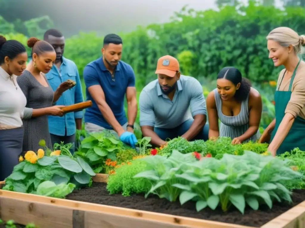 Un grupo diverso de personas trabaja juntas en un jardín comunitario, rodeadas de vegetación exuberante y flores vibrantes