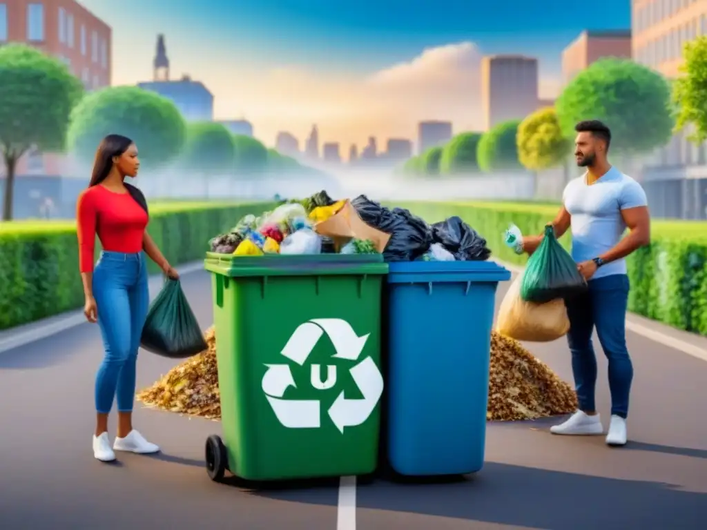 Colaboración multicultural: Reciclaje en ciudad sostenible Un grupo diverso de personas reciclando juntas en una ciudad sostenible