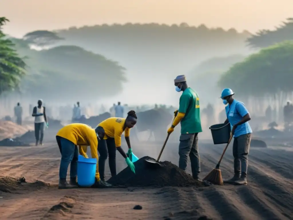 Un grupo diverso de personas en África trabajando juntas para limpiar un entorno contaminado, promoviendo políticas de residuos en África