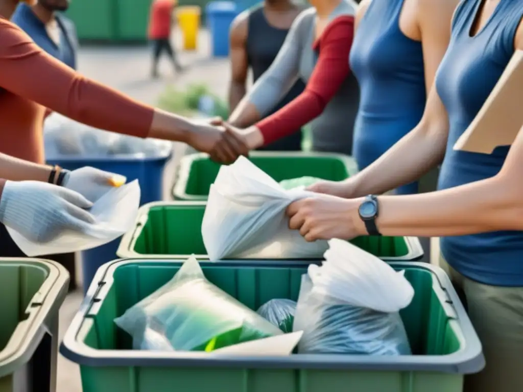 Un grupo diverso de personas trabajando juntas en programas de reciclaje sostenible, separando cuidadosamente materiales en contenedores específicos