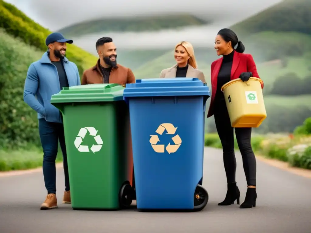 Un grupo diverso de personas recicla juntas, con contenedores y plantas al fondo