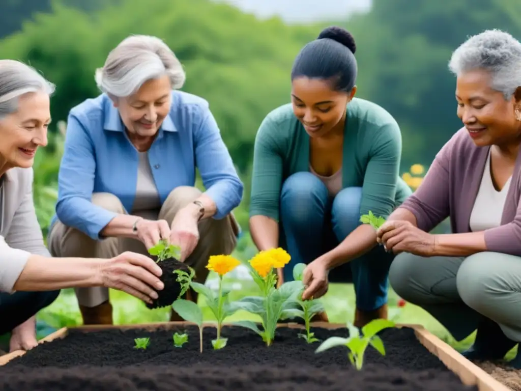 Un grupo diverso de personas trabaja juntas en un jardín comunitario, simbolizando la unidad en campañas globales desperdicio cero